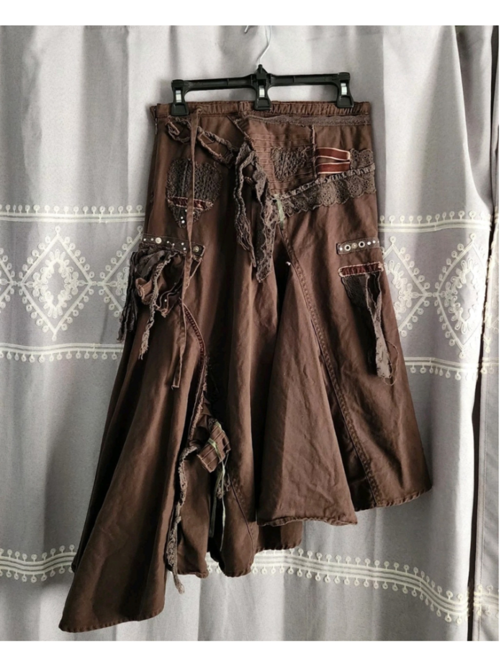 Spirit Vintage Y2K Brown Whimsigoth Fairy Grunge Asymmetric Patchwork Midi Skirt - Picture 2 of 16
